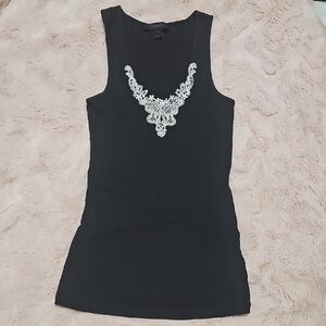 Express Black Cotton, Polyester Tank Top with Silver Neckline Embellishment